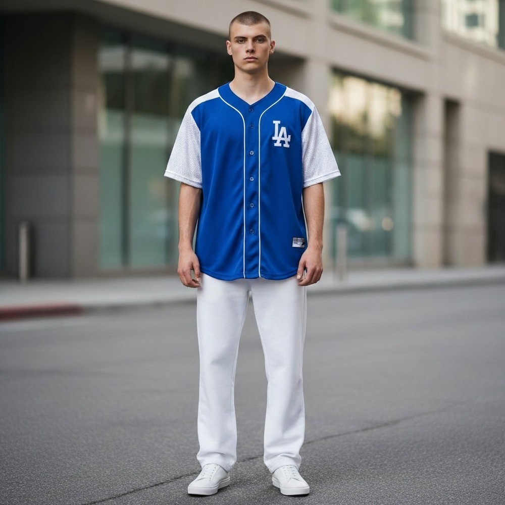 Majestic Los Angeles Dodgers Baseball Jersey XL Blue White Mesh Sleeve Button Up